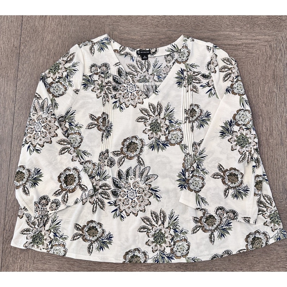 New Directions XL Floral V-Neck Pintuck Blouse Boho Cottagecore Stretch Top - Picture 4 of 10